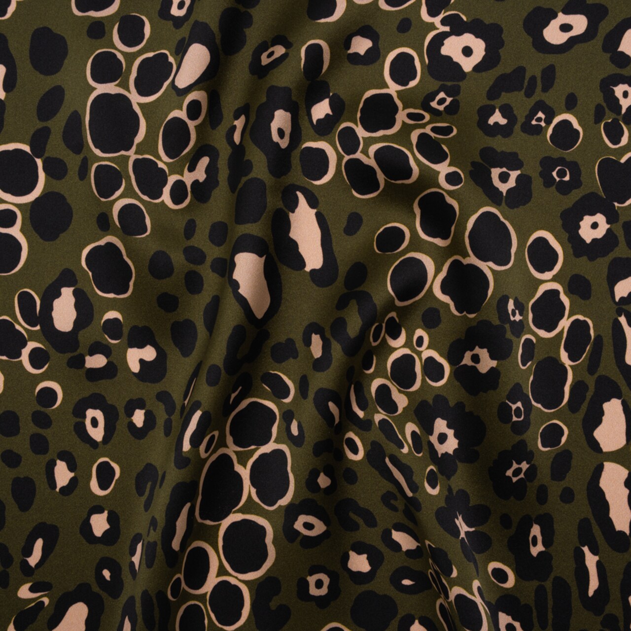 1 Yard Italian Silk Charmeuse Fabric Dark Olive Green Beige Black Animal Spots 53 inch